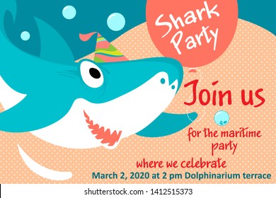 Invitation childrens holiday. Cute shark, sea fish, baby illustration