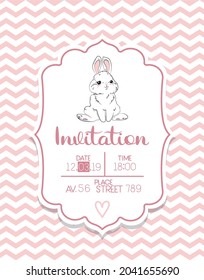 Invitation to a children's holiday, pink, vector, with a bunny character. Birthday, baptism, party