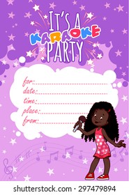 Invitation to a children's karaoke party in violet colors. Vector illustration. A4 size.