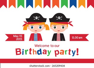 Invitation to a children's party. Invitation to the birthday of twins. Pirate birthday. Vector illustration