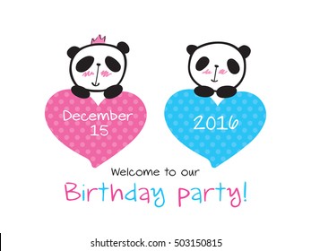 Invitation to the children's party. Invitation to the birthday of twins with little cute pandas and hearts. Hand drawn panda for your design. Doodles, sketch. Vector.