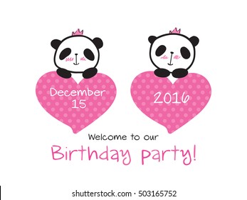 Invitation to the children's party. Invitation to the birthday of twins with little cute pandas and hearts. Hand drawn panda for your design. Doodles, sketch. Vector.
