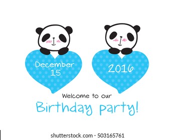 Invitation to the children's party. Invitation to the birthday of twins with little cute pandas and hearts. Hand drawn panda for your design. Doodles, sketch. Vector.