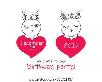 Invitation to the children's party. Invitation to the birthday of twins with little cute rabbits and hearts. Doodles, sketch. Vector.