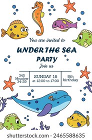 Invitation to a children's party. Under the sea party. Boys and girls celebrate and have fun. Newborn. Trendy and modern style. Postcard and letter. Balloons, holidays, cake with candles. Anniversary.