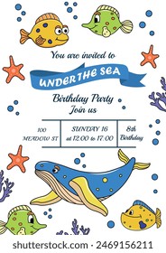 Invitation to a children's party. Under the sea party. Characters in carton style. Boys and girls celebrate and have fun. Postcard. Balloons, holidays, cake with candles. Anniversary. Set 