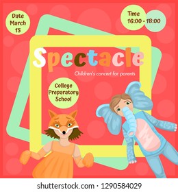 Invitation to children's performance. Theater or play with children in costumes. Halloween holiday. Vectric flyer design for your text.