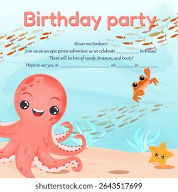 invitation to a children's sea party with an octopus, starfish, and crab on a background of a school of fish swimming in the sea
