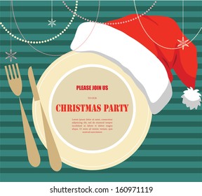 Invitation For Christmas Dinner Party. Plate Wearing A Christmas Hat