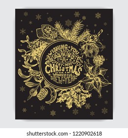 Invitation for a Christmas holiday. Greeting card with a happy new year and Christmas. Flyer, poster, banner, festive design.