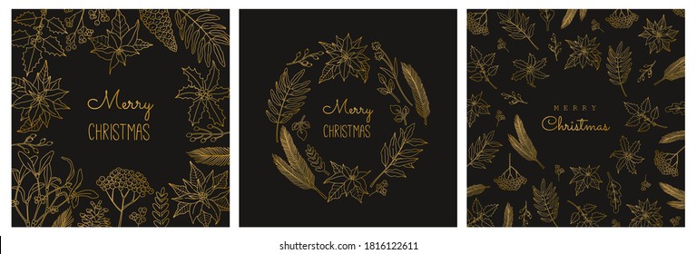 Invitation to a Christmas holiday party. Greeting cards set, with festive plants, celebrating poinsettia, rowan brunches, holly berry. Vector illustration in trendy style, isolated on black background