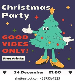 An invitation to a Christmas party in cartoon groovy style. A funny Christmas tree character with hands. legs, face. Vector illustration in retro style of old comics of the 50s-60s.