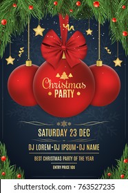 Invitation to a Christmas party. Christmas concept. Red ball with red ribbon on a dark blue background with snowflakes. Fir tree and snow berries. DJ and club. Gold text and stars. Vector illustration