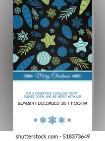 Invitation to a Christmas party. Decorated Christmas decorations, tree branches and snowflakes.