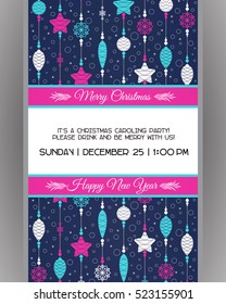 Invitation to a Christmas party. Decorated Christmas decorations. New Year balls, toys and beads.