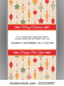 Invitation to a Christmas party. Decorated Christmas decorations. New Year balls, toys and beads.