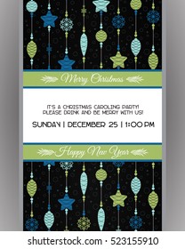 Invitation to a Christmas party. Decorated Christmas decorations. New Year balls, toys and beads.