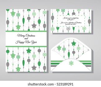 Invitation to a Christmas party. Decorated Christmas decorations. New Year balls, toys and beads.
