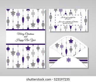 Invitation to a Christmas party. Decorated Christmas decorations. New Year balls, toys and beads.