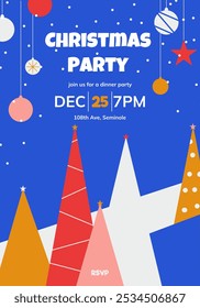 an invitation to a Christmas party in a flat style with simple shapes in blue and red shades. An invitation card template for a winter holiday with snow and Christmas trees.