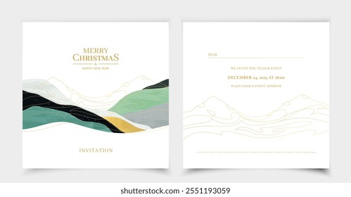 Convite para a festa de Natal. Evento de luxo em montanhas. Fundo abstrato da montanha. Alpes. Convite festivo de inverno definido. Fundo Хmas branco. Texto Feliz Natal e Feliz Ano Novo