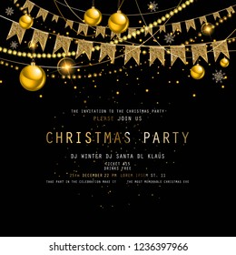 Invitation to Christmas party on black background with tinsel and balls. Vector illustration
