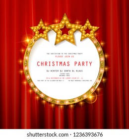 Invitation to Christmas party on curtain background with gold frame in vintage style. Vector illustration