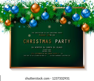 Invitation to Christmas party on dark background with tinsel and balls. Vector illustration