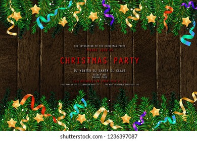 Invitation to Christmas party on wooden background with tinsel and balls. Vector illustration