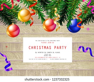 Invitation to Christmas party on wooden background with tinsel and balls. Vector illustration