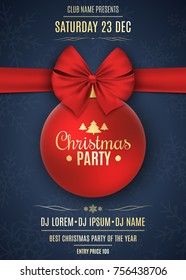 Invitation to a Christmas party. Red ball with red ribbon on a dark blue background with snowflakes. The names of the DJ and club. Gold text on a dark background. Vector illustration
