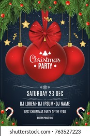 Invitation to a Christmas party. Red ball with a bow of tape. Christmas concept from fir tree, snow berries, gold stars and lollipops. White text. The names of the DJ and club. Vector illustration