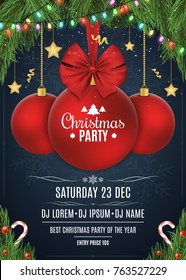 Invitation to a Christmas party. Red ball with a bow of tape. Christmas concept from fir tree, snow berries, gold stars and lollipops. White text. Multicolored luminous garland. Vector illustration