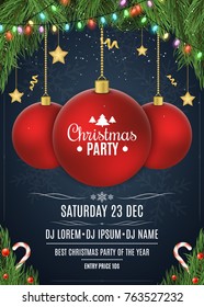 Invitation to a Christmas party. Red ball on beads. Christmas concept from fir tree, snow berries, gold stars and lollipops. White text. Multicolored luminous garland. Vector illustration