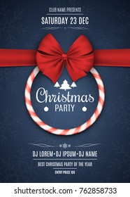 Invitation to a Christmas party. Red white lollipop with red ribbon on a dark blue background with snowflakes. The names of the DJ and club. White text. Vector illustration