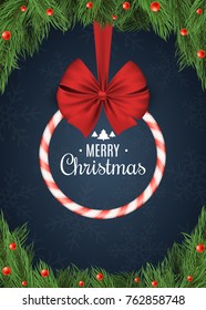 Invitation to a Christmas party. Red white lollipop with red ribbon on a dark blue background. Fir tree and snow berries. White text. Vector illustration