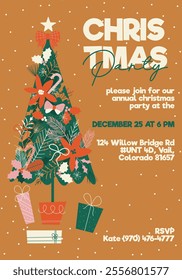 an invitation to a Christmas tree party. A flat-style Christmas party invitation template in green, brown and pink colors.