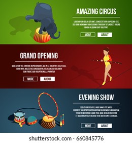 Invitation to the circus magic show. Three horizontal vector banners set in cartoon style. Amazing circus and grand opening banner illustration