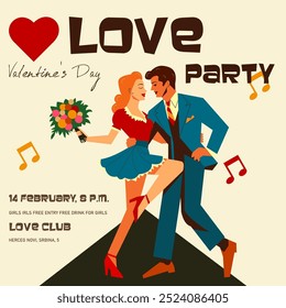 Invitation to a club party, retro style 60-70s. The invitation depicts a couple in love, a guy and a girl dancing. The girl is holding a bouquet of flowers