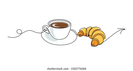 Invitation for coffee cup with croissant. Continuous line art drawing style. Vector illustration