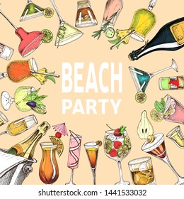 Einladung zum Cocktail Beach Party. Illustration mit Cocktails-Skizzen. Handgezeichnete Muster Cocktails Bar Menü.