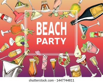 Invitation for coktail beach party. Illustration with cocktails sketches. Hand drawn pattern cocktails bar menu.
