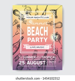 Invitation for coktail beach party. Illustration with cocktails sketches. Hand drawn pattern cocktails bar menu.