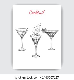 Invitation for coktail beach party. Illustration with cocktails sketches. Hand drawn pattern cocktails bar menu.