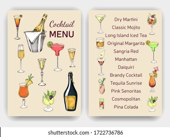 Invitation for coktail beach party. Illustration with cocktails sketches. Hand drawn pattern cocktails bar menu.