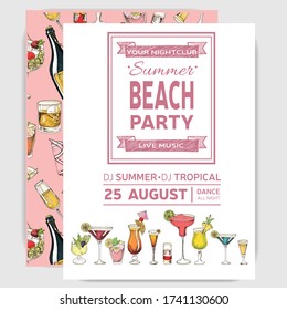Invitation for coktail beach party. Illustration with cocktails sketches. Hand drawn pattern cocktails bar menu.