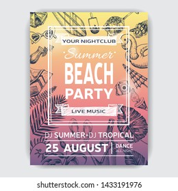 Invitation For Coktail Beach Party. Summertime Sketch Hand Draw Card. 