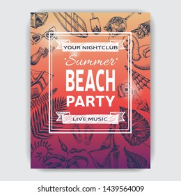 Invitation for coktail beach party. Summertime sketch hand draw card. 