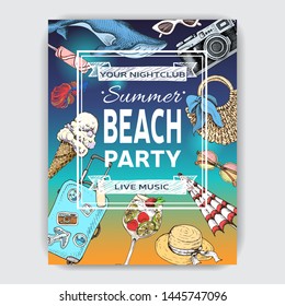 Invitation for coktail beach party. Summertime sketch hand draw card. 