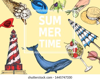 Invitation for coktail beach party. Summertime sketch hand draw card. 